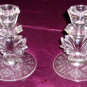 Pair Beautiful Etched Fostoria Footed Crystal Candleholders
